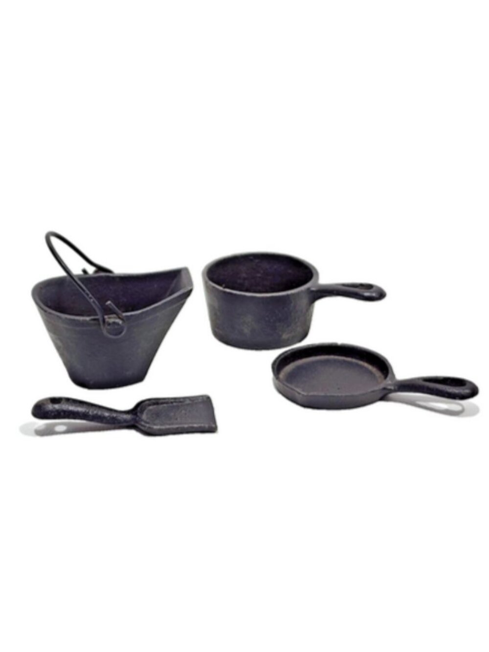 Dollhouse Miniatures Cast Iron Pot Pan Coal Bucket & Scoop Set Antique Vintage